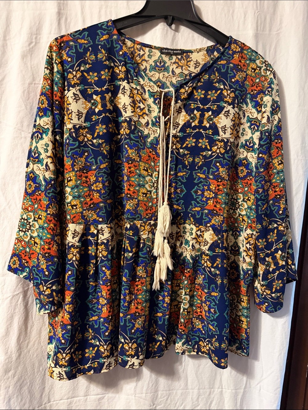cha cha vente Navy Floral Peasant Top with Tassel Tie